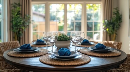 A dining room table with round edges, set with simple yet elegant Chinese Feng Shui decor for family harmony.
