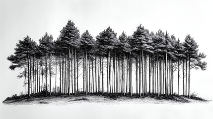 pen and ink drawing of tall pine trees on the white background