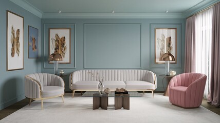 Luxury Glam Living Room Modern living room with a light blue wall, a white and gold sofa, two armchairs and a coffee table.