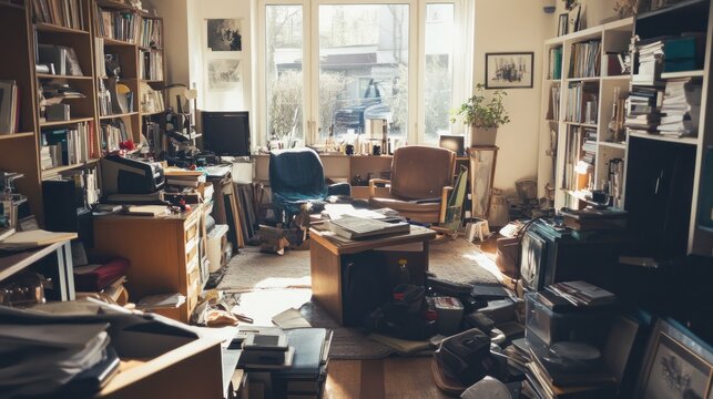 Cluttered Room with Books and Papers