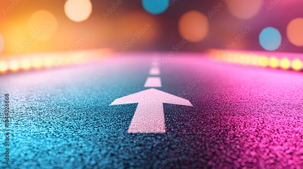 Poster dynamic large arrow on modern asphalt road - vibrant gradient and illuminated edges create a high-sp