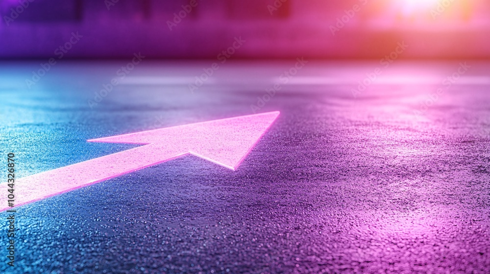 Poster vibrant arrow indicating direction on modern asphalt road - dynamic high-speed path with illuminated