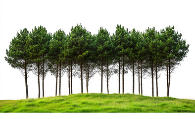 row of tall, green pine trees on the grass, against an isolated white background