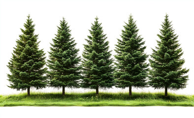 Fototapeta premium row of tall, green pine trees on the grass, against an isolated white background