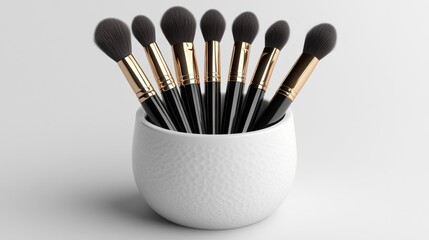 Luxury makeup brush set in elegant holder mockup on white background ideal for beauty product branding and promotional visuals for cosmetics businesses.. Generative AI - Powered by Adobe