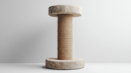 Natural cat scratching post made of durable rope and soft top and bottom pads standing on a plain white background. Ideal for branding or mockups related to pet products or furniture.. Generative AI