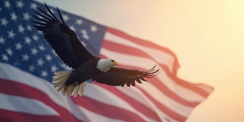 Fototapeta premium U.S Presidential Election template, An eagle soaring with US flag background, with copy space for U.S election information, banners design.