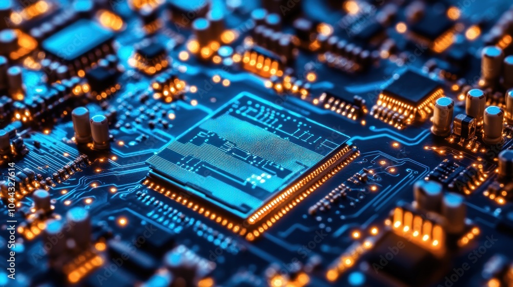 Poster close-up of a circuit board featuring intricate electronic components and connections.