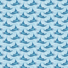 Obraz premium Manta ray wave watercolor seamless pattern on blue background. High quality hand-drawn monochromatic illustration for notebooks, posters, wallpaper, textile, beach towel, wrapping paper and room decor
