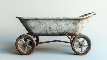 Old rusty wheelbarrow mockup on a clean white background perfect for showcasing vintage tools or rustic gardening themes.. Generative AI