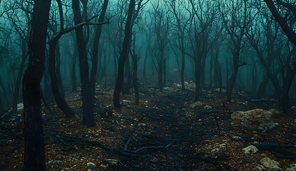 Obraz premium Mystical Foggy Forest, trees, misty, spooky, eerie, mysterious
