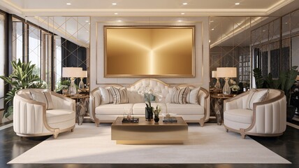 Luxury Glam Living Room Elegant living room with white tufted sofa, gold accents, and a large framed painting.