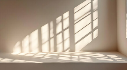Fototapeta premium Sunlight Through Window Creates Geometric Pattern on White Wall, window light, light and shadow, window shadow, sunlight shadow, sunbeam