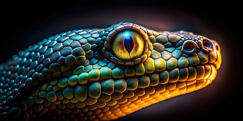 Fototapeta premium A close-up of a serpent's head with an iridescent eye, revealing intricate scales illuminated by a warm glow against a dark backdrop.