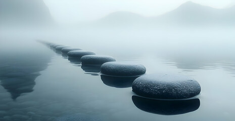Stepping Stones in Foggy Lake, path, way, misty, water, reflection
