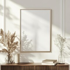 Elegant Minimalist Poster Frame with Dried Floral Decor on Bright Neutral Background Ideal for Interior Design Mockups. Generative AI