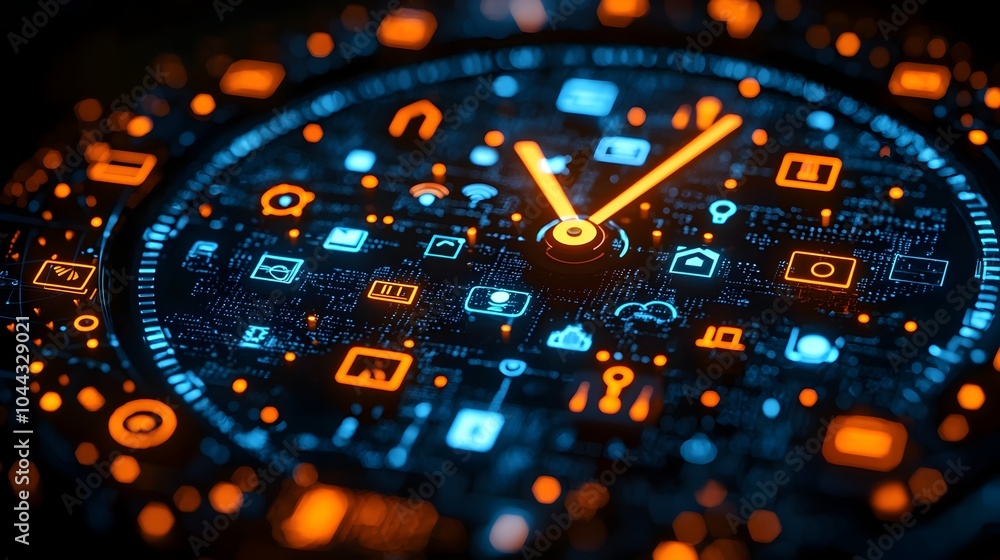 Poster depiction of a sleek modern alarm clock with interconnected technology elements inside the clock fac