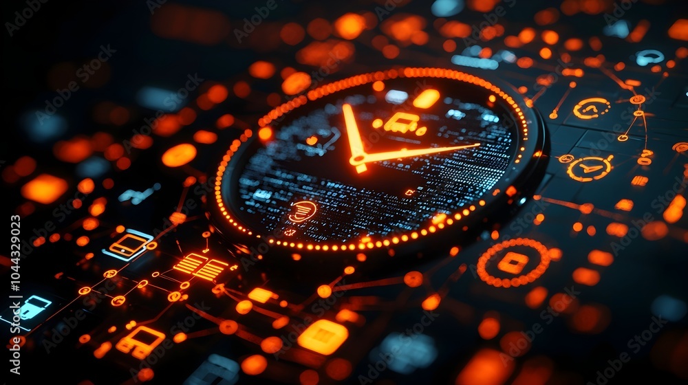 Poster depiction of a modern sleek alarm clock with interconnected smart technology elements representing t