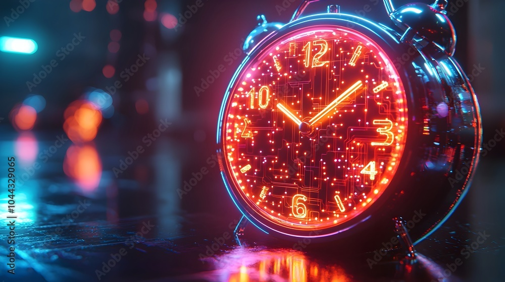 Poster sleek modern alarm clock with glowing quantum circuits and entangled particles symbolizing advanced 