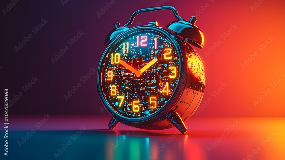 Poster sleek quantum alarm clock with glowing digital circuits and entangled particles a futuristic and cut