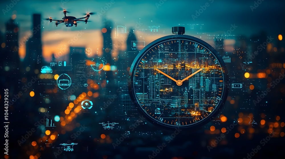 Poster depiction of a sleek modern alarm clock with futuristic technology elements inside the clock face sh