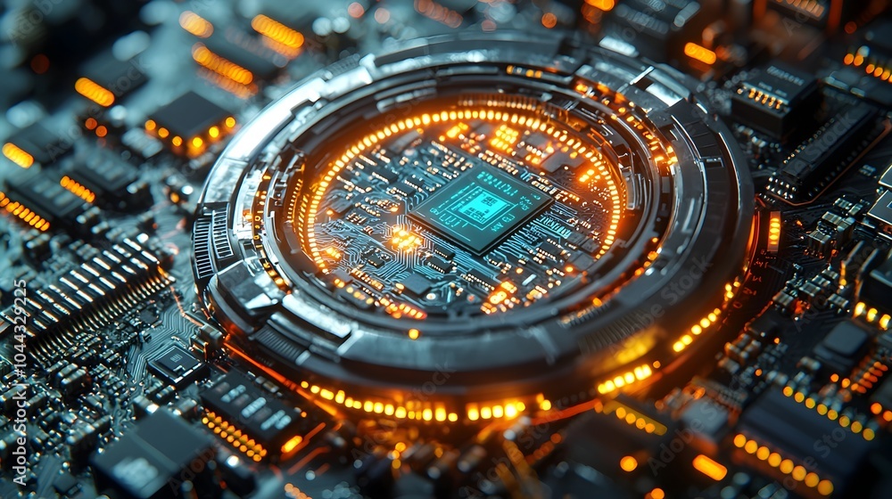 Poster an depiction of a sleek modern alarm clock with advanced digital microchips circuits and processors 