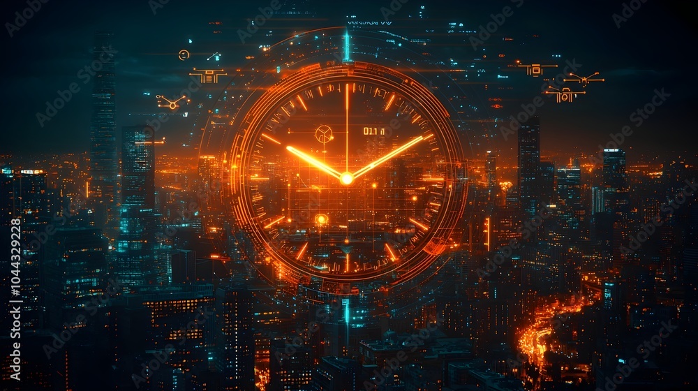 Poster depiction of a sleek modern alarm clock with technology elements inside the clock face shows futuris