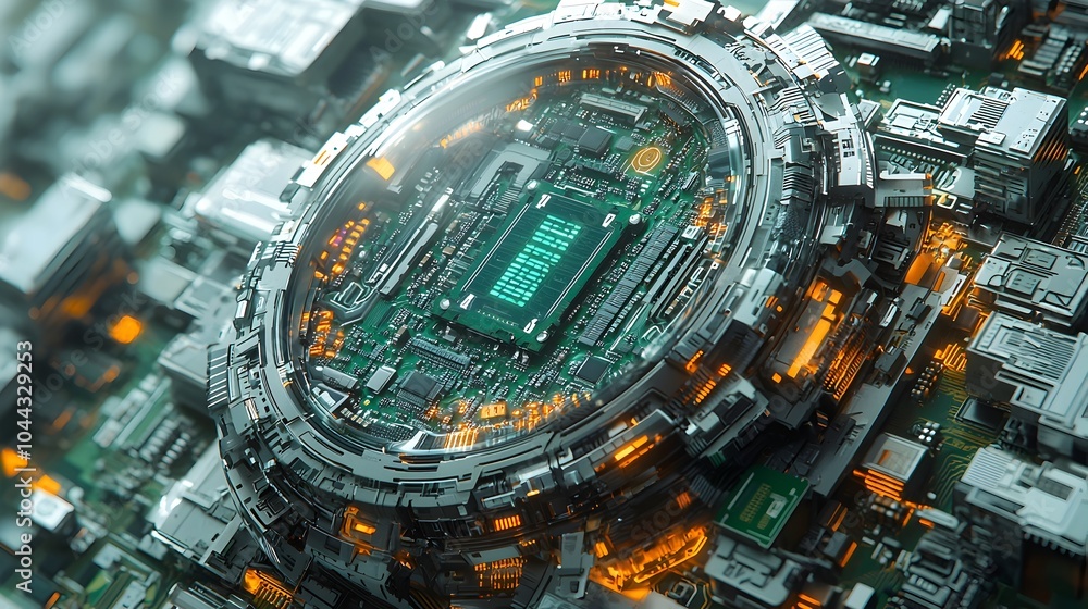 Poster an depiction of a sleek modern alarm clock with digital microchips motherboards and circuit patterns