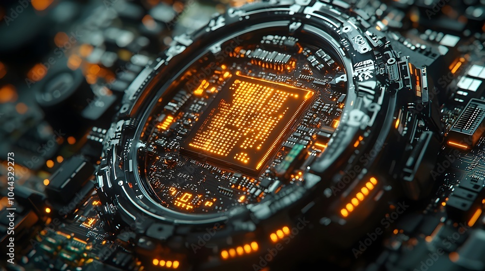 Poster depiction of a sleek contemporary alarm clock filled with digital microchips motherboards and circui