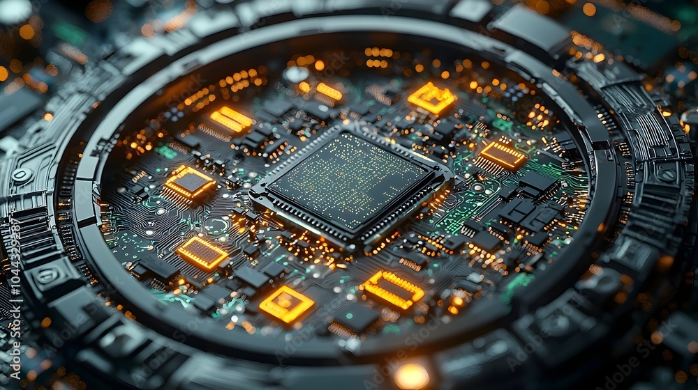 Poster sleek modern alarm clock with digital microchips motherboards and circuit patterns replacing the num