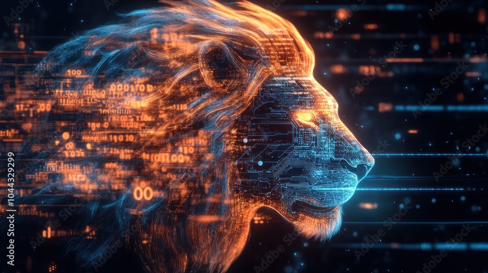 Poster a digital lion head illuminated with glowing data patterns, symbolizing strength and technology.