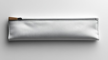 White pencil case mockup with zipper and wooden accent perfect for showcasing minimalist branding designs. Ideal for graphic designers and product mockup presentations.. Generative AI