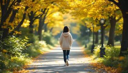 Fototapeta premium 秋の公園を歩く女性