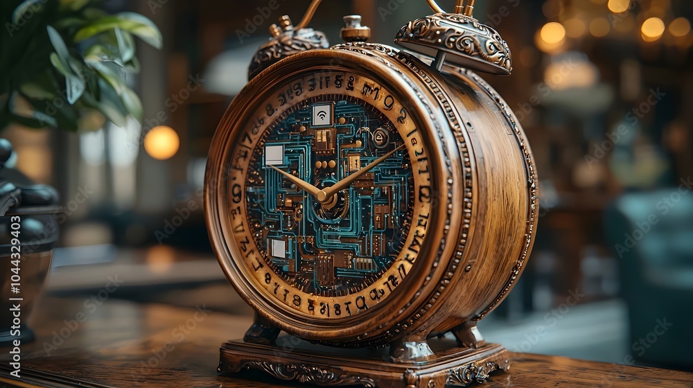 Poster vintage wooden alarm clock with technology elements inside depicting high speed data streams interco