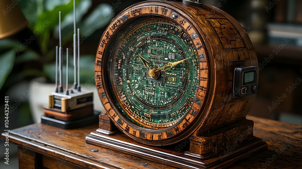 Poster vintage wooden alarm clock with futuristic 5g technology elements the clock face shows high speed da