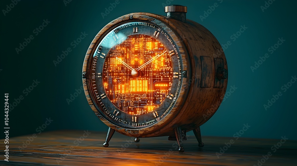 Poster depiction of a futuristic vintage wooden alarm clock with glowing quantum circuits entangled particl