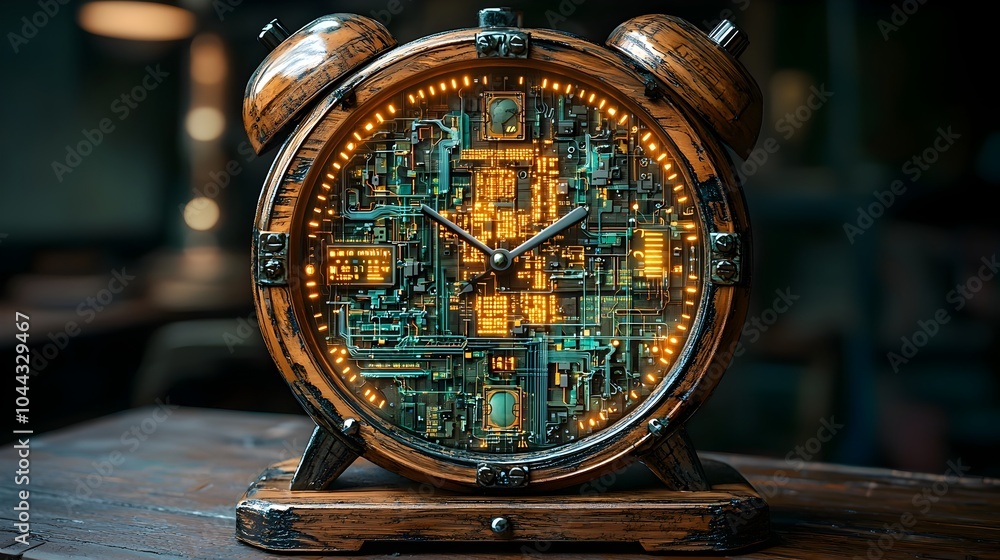 Poster vintage wooden alarm clock with glowing quantum circuits and entangled particles symbolizing the pow