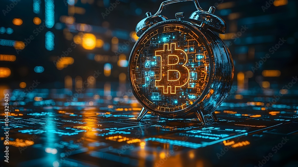 Poster depiction of a vintage wooden alarm clock featuring a network of blockchain symbols and glowing digi