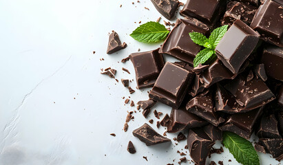 Fototapeta premium Dark Chocolate with Mint Leaves on White Background, bitter, sweet, dessert, treat, snack