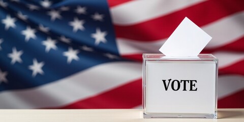 America election event, a glass election box with the word Vote on the left, against a waving America flag, leaving the right side blank for customizable text.