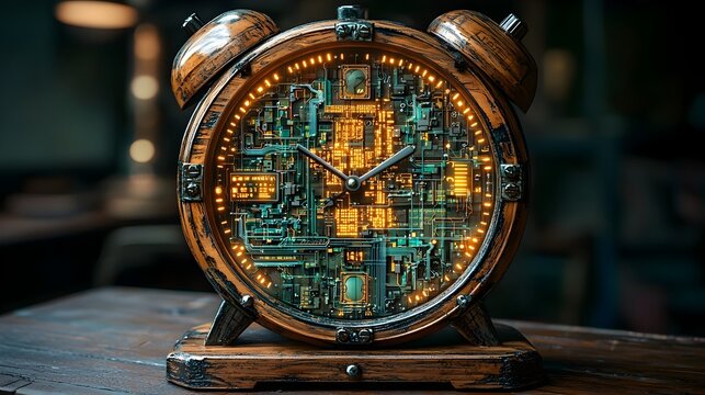 Vintage wooden alarm clock with glowing quantum circuits and entangled particles symbolizing the power of quantum computing and advanced algorithms