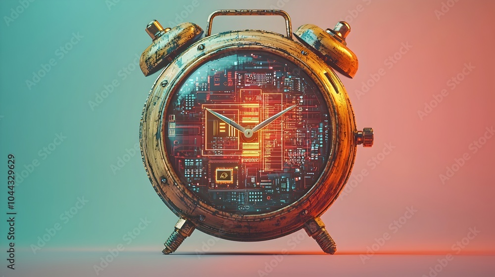 Poster an depiction of a vintage wooden alarm clock with technology elements inside including a digital loc