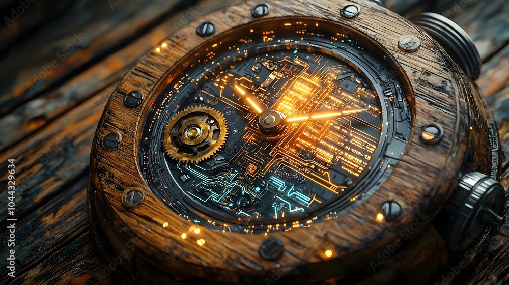 Poster an depiction of a vintage wooden alarm clock with futuristic technology elements inside the clock fa