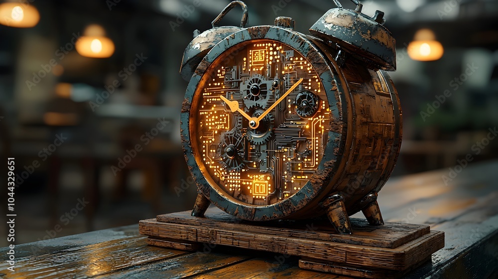 Poster a captivating depiction of a vintage wooden alarm clock blending futuristic technology elements the 
