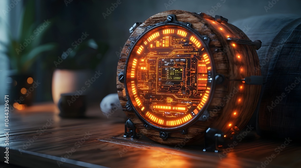 Poster an depiction of a vintage wooden alarm clock infused with futuristic technology elements the clock f