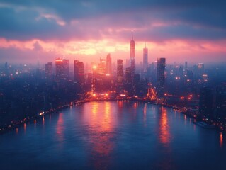 Fototapeta premium Aerial view of a vibrant cityscape at dusk. Featuring illuminated buildings and bustling streets. Emphasizing urban life and modernity. Ideal for city living and nightlife promotions.