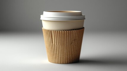 Eco-friendly white reusable coffee cup with textured sleeve isolated on a clean white background perfect for mockups branding presentations and promotional designs.. Generative AI