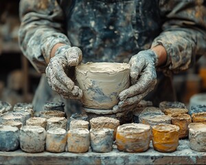 An artist sculpting clay in a studio. Highlighting creativity and craftsmanship. Emphasizing the artistic process and hands-on work. Ideal for art and hobby promotions.