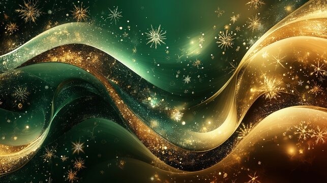 A green and gold wave with snowflakes on it
