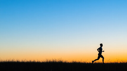 Silhouette of a male athlete jogging at sunset in a peaceful outdoor setting.